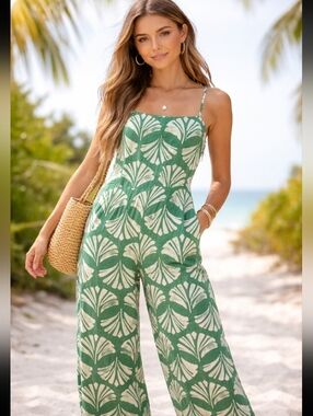 NWT Monteau Green Shell-Print Wide-Leg Jumpsuit Size Medium